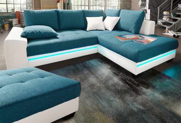 Polsterecke mit Beleuchtung bianco/türkis